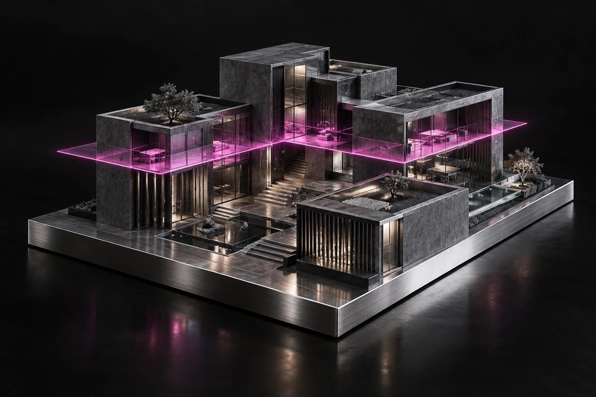 Maquette architecturale en verre et béton traversée par une ligne magenta