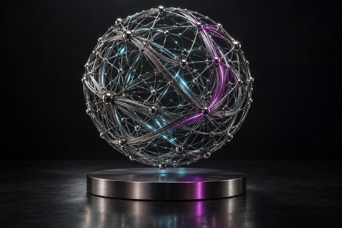 Sphère de fibres métalliques ponctuée de lumières cyan