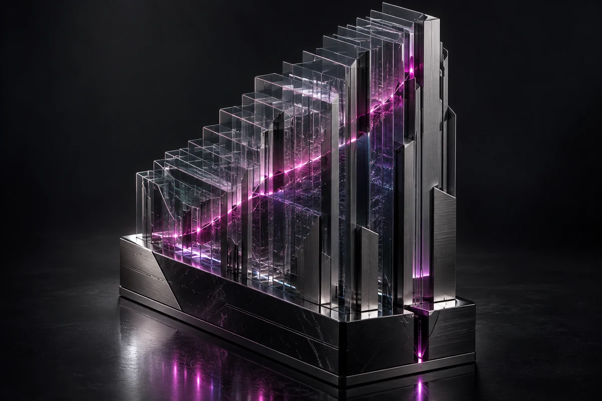 Archive de verre et de métal traversée par un filament magenta