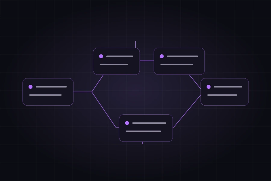 Étapes d’un processus reliées par un réseau de lignes violettes