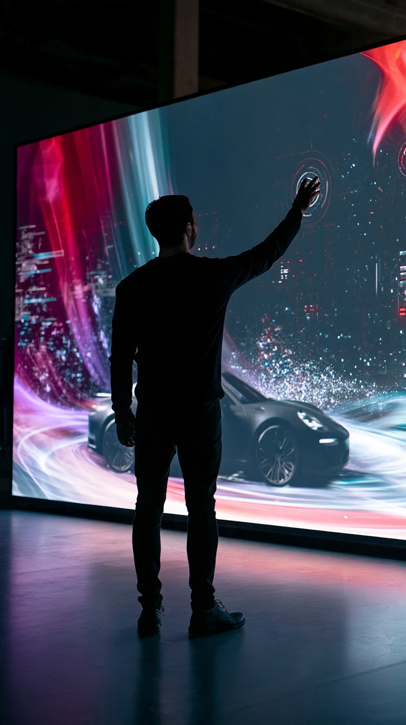 Senses — le geste devient commande Un homme pilote une voiture virtuelle par gestes devant un écran géant.