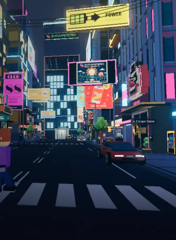 synapsteria-lab-city Rue et enseignes lumineuses de la ville immersive Synapsteria
