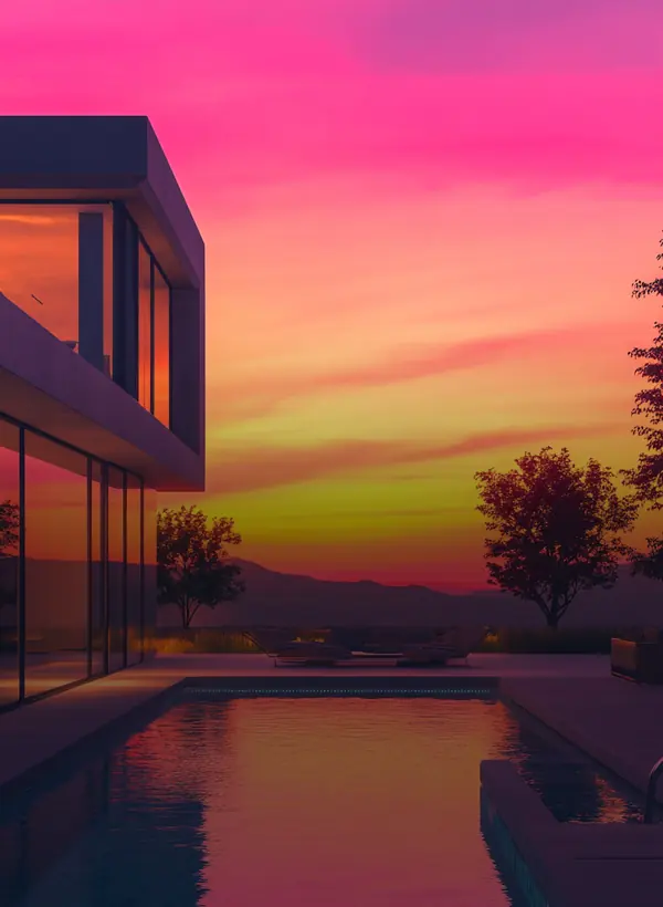 synapsteria-lab-habitat-lecture Villa contemporaine et piscine au coucher du soleil rose