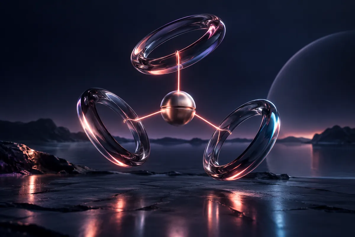 Trois anneaux de verre reliés à un centre métallique, illustration de l’orchestration d’agents IA