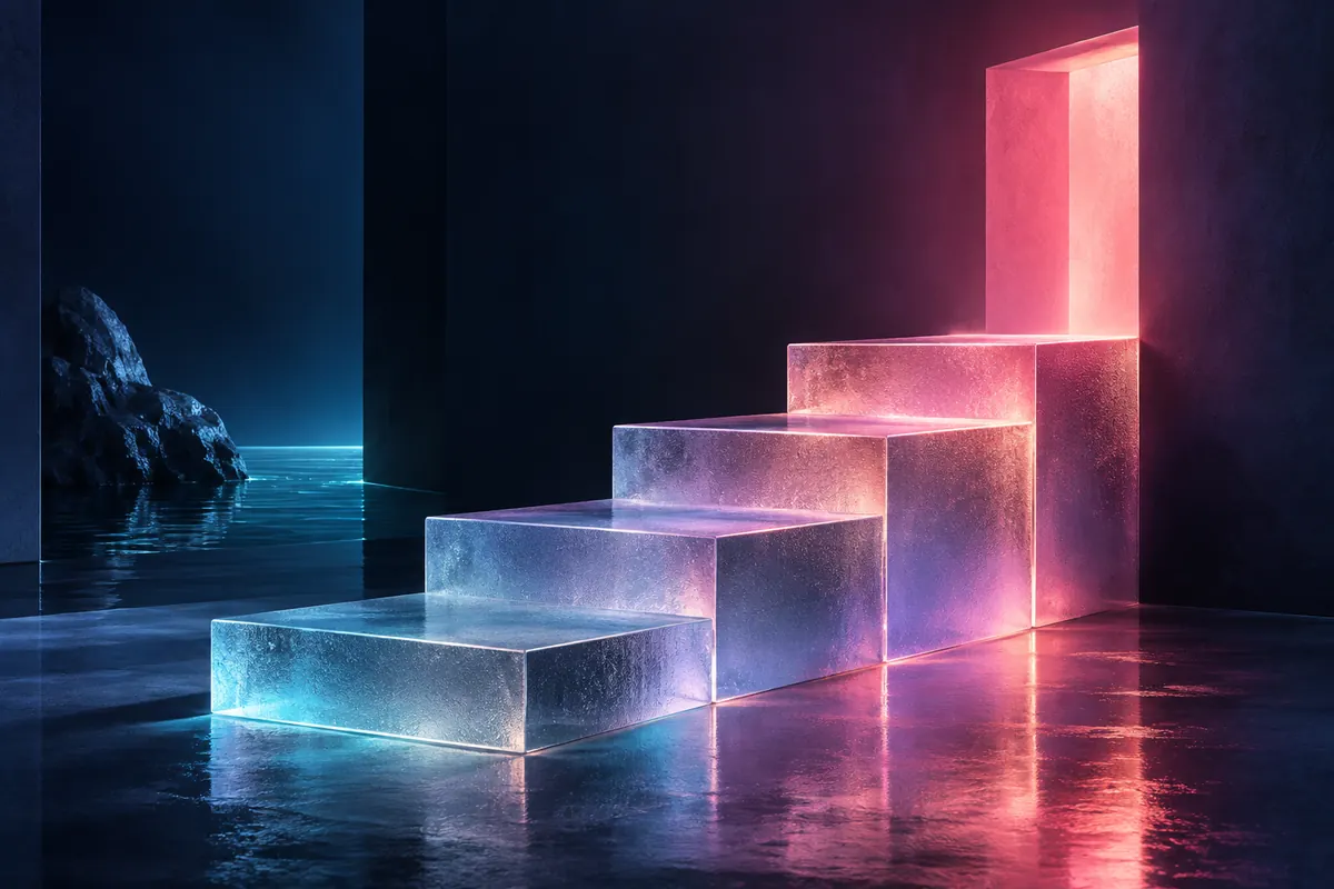Escalier de verre éclairé de rose, illustration de la progression des compétences en IA