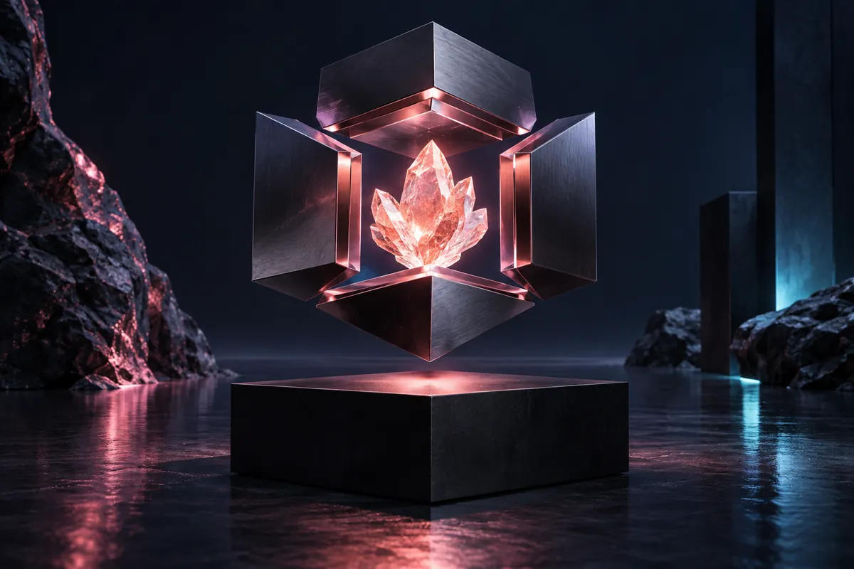 Cube de métal ouvert autour d’un cristal lumineux, illustration d’une idée IA devenue prototype