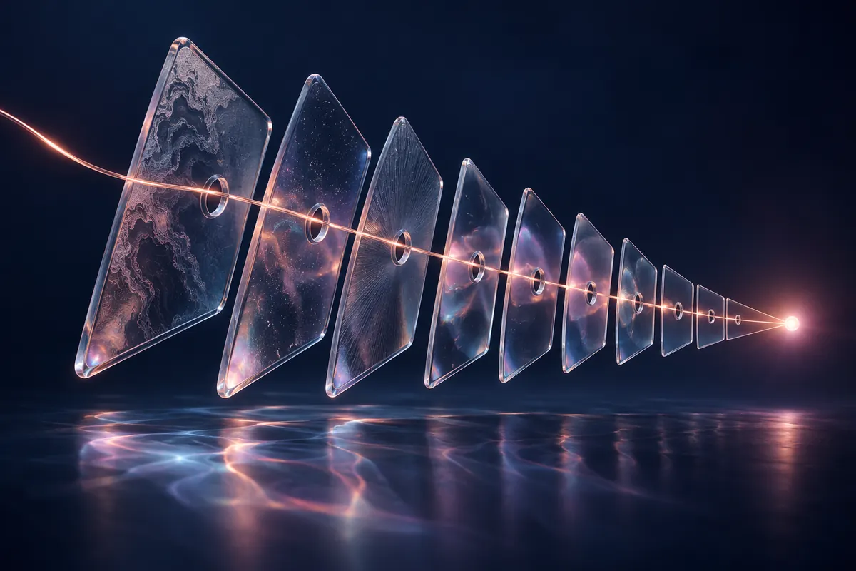 Plaques de verre traversées par un filament lumineux, illustration d’une recherche documentaire augmentée