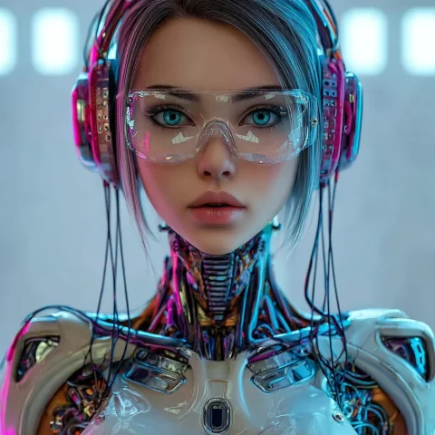 Écho · Synapsteria Lab Portrait d’Écho, assistante numérique aux yeux bleus, lunettes transparentes et casque aux reflets roses et turquoise.